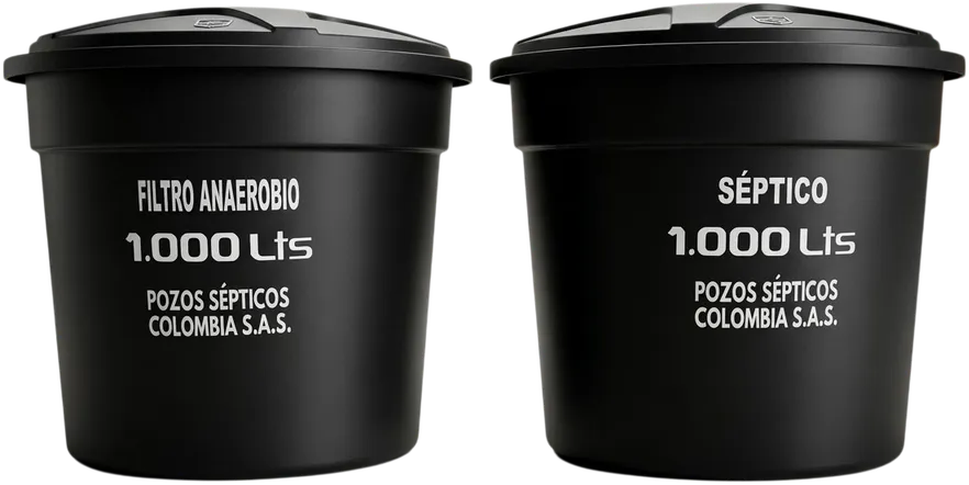 Sistema séptico cónico de 2.000 litros compuesto por un tanque séptico y un filtro anaerobio de 1.000 litros cada uno